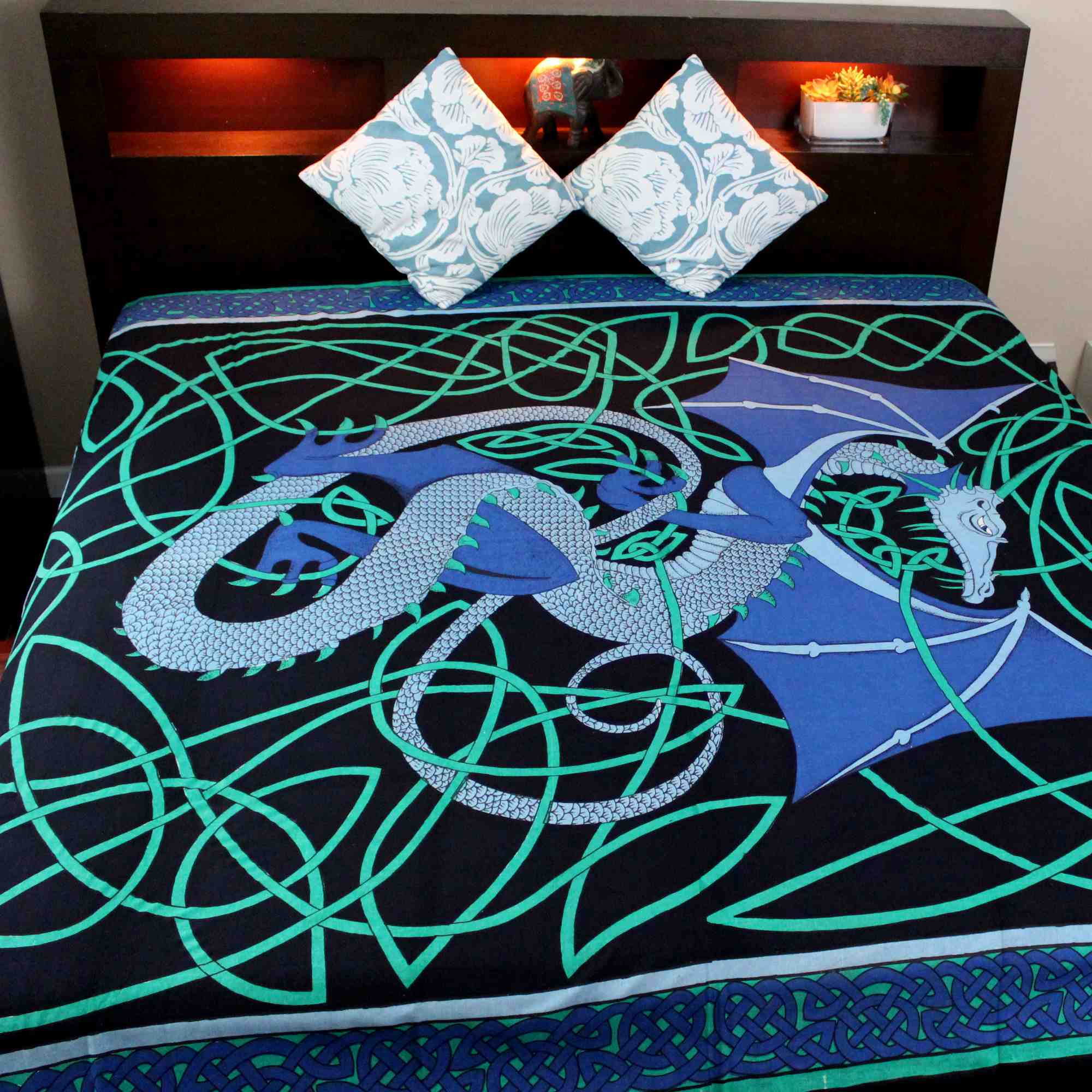 Cotton Celtic Dragon Tapestry Bedspread Beach Sheet Dorm Decor Twin Full Blue - Sweet Us