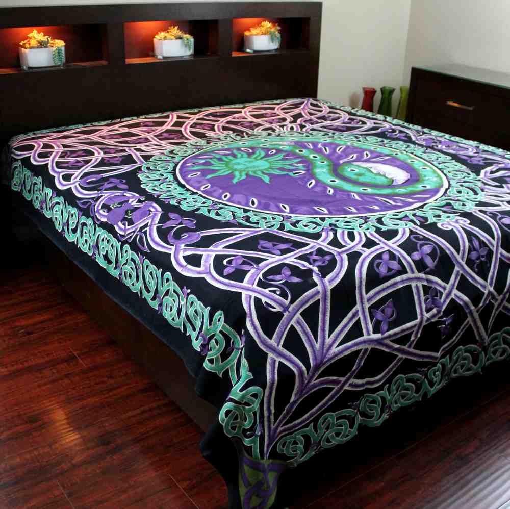 Celestial Yin Yang Tapestry Cotton Tablecloth Purple Celtic Bedspread Twin Full - Sweet Us