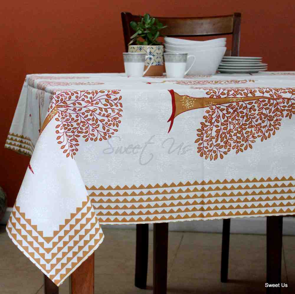 Cotton Tree of Life Print Floral Tablecloth Rectangle 88x102 White Blue Tan