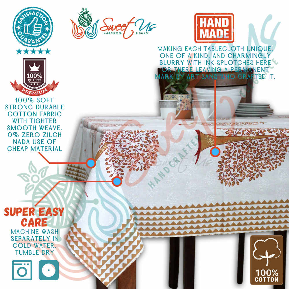 Cotton Tree of Life Print Floral Tablecloth Rectangle 88x102 White Blue Tan