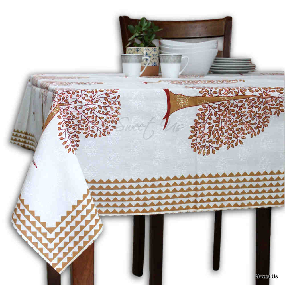 Cotton Tree of Life Print Floral Tablecloth Rectangle 88x102 White Blue Tan