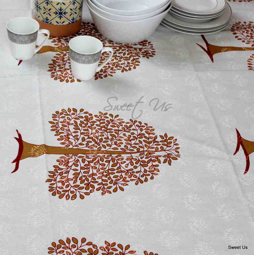Cotton Tree of Life Print Floral Tablecloth Rectangle 88x102 White Blue Tan