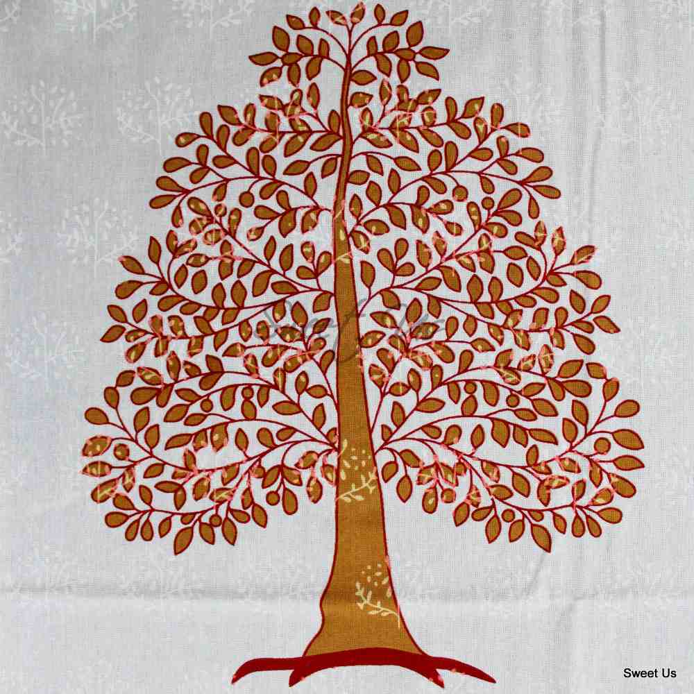 Cotton Tree of Life Print Floral Tablecloth Rectangle 88x102 White Blue Tan