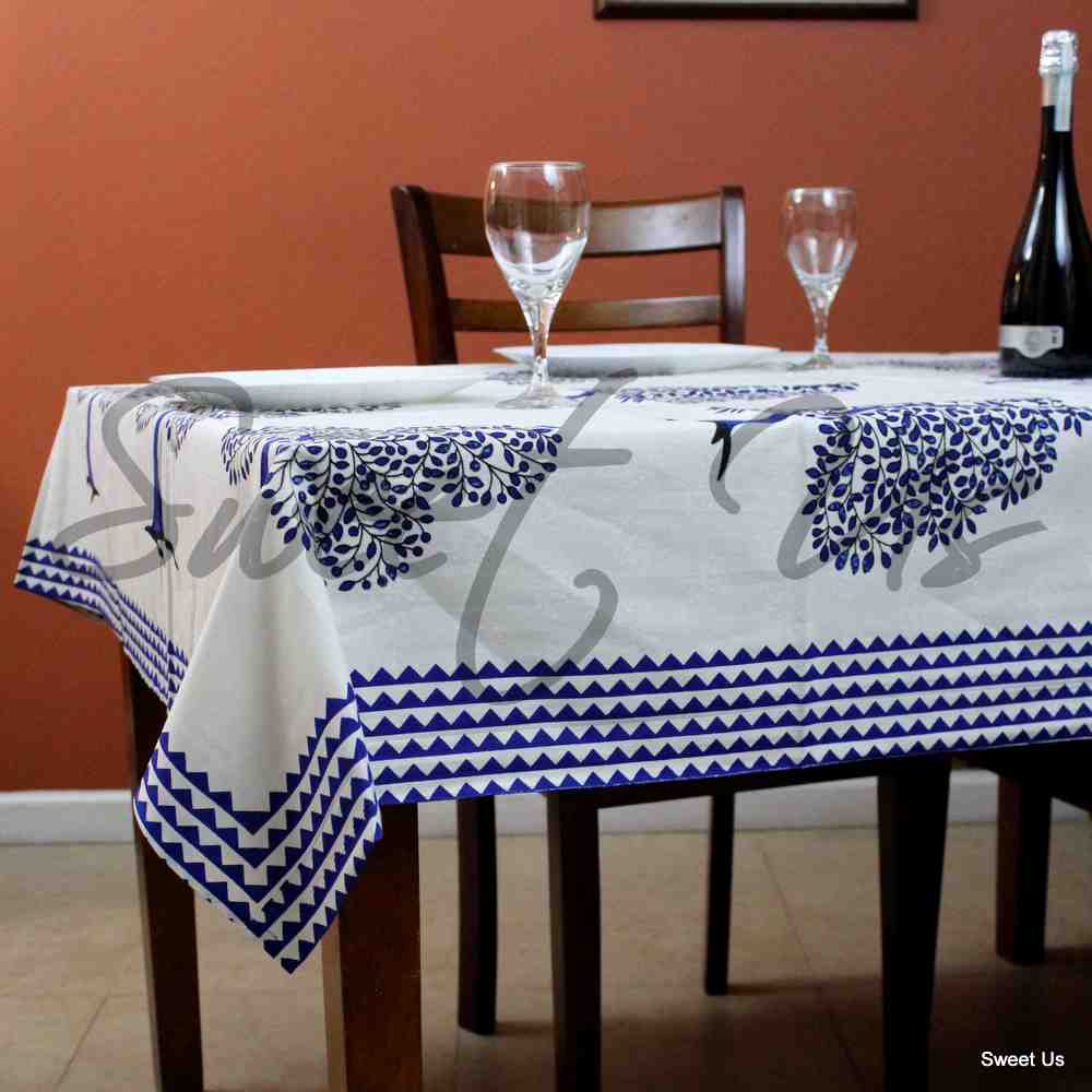 Cotton Tree of Life Print Floral Tablecloth Rectangle 88x102 White Blue Tan