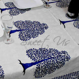 Cotton Tree of Life Print Floral Tablecloth Rectangle 88x102 White Blue Tan