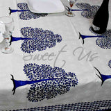 Cotton Tree of Life Print Floral Tablecloth Rectangle 88x102 White Blue Tan