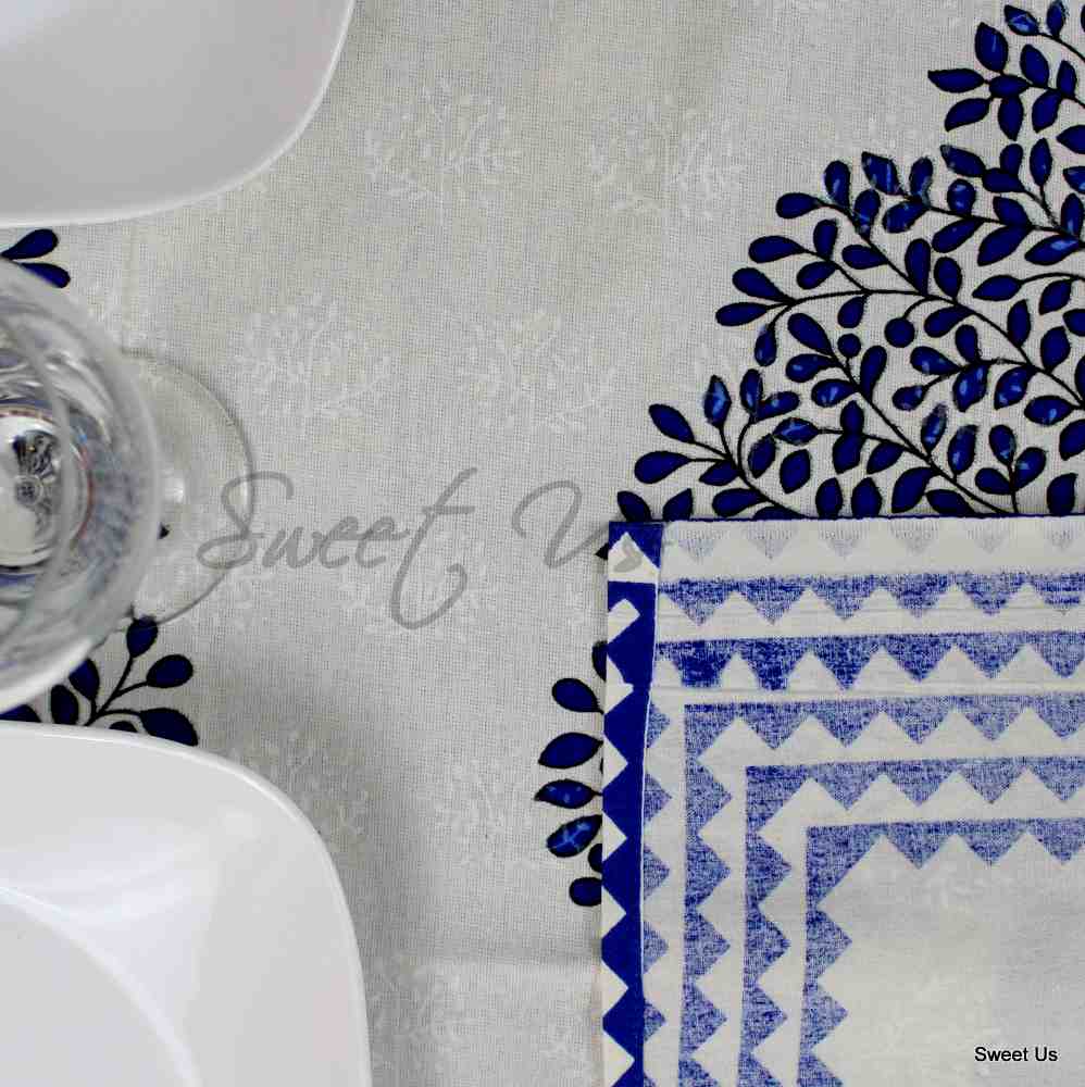 Cotton Tree of Life Print Floral Tablecloth Rectangle 88x102 White Blue Tan