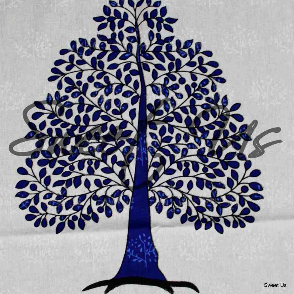 Cotton Tree of Life Print Floral Tablecloth Rectangle 88x102 White Blue Tan