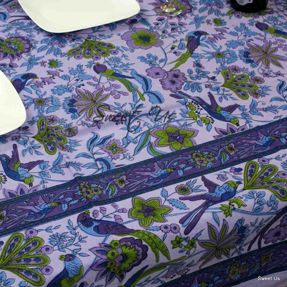 Cotton Birds of Paradise Tablecloth Rectangle Purple Kitchen Dining Linen
