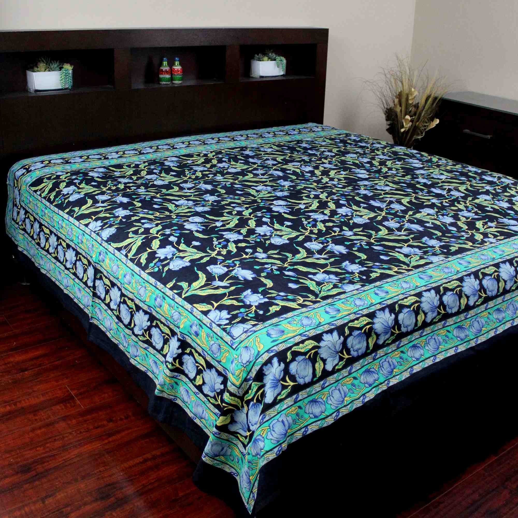 Handmade Cotton Floral Print Tapestry Tablecloth Coverlet Bedspread Twin Full Black Green - Sweet Us