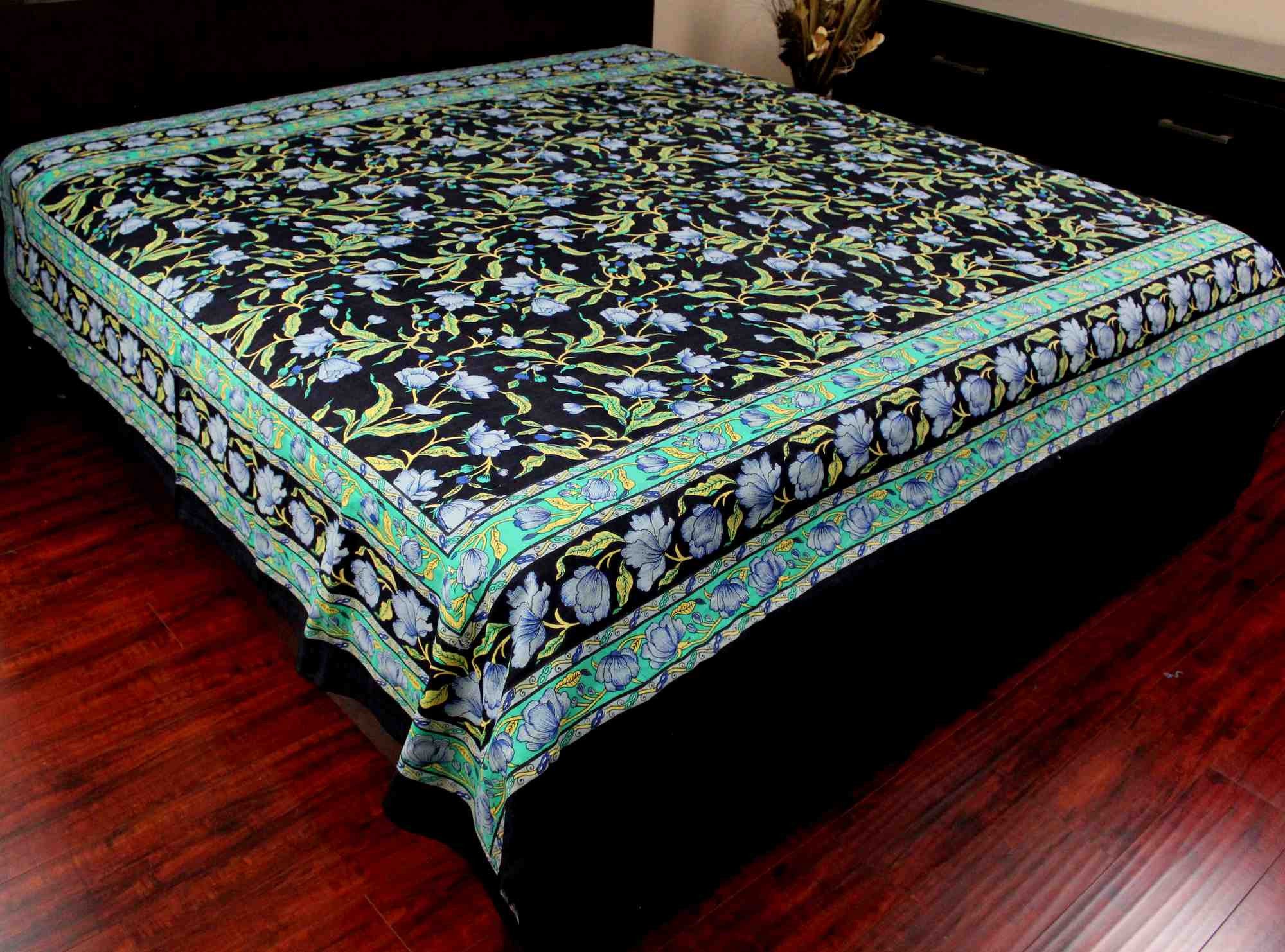 Handmade Cotton Floral Print Tapestry Tablecloth Coverlet Bedspread Twin Full Black Green - Sweet Us