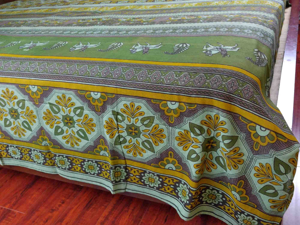 Cotton Kalamkari Tapestry Wall Hang Tablecloth Rectangle Green Blue Red - Sweet Us