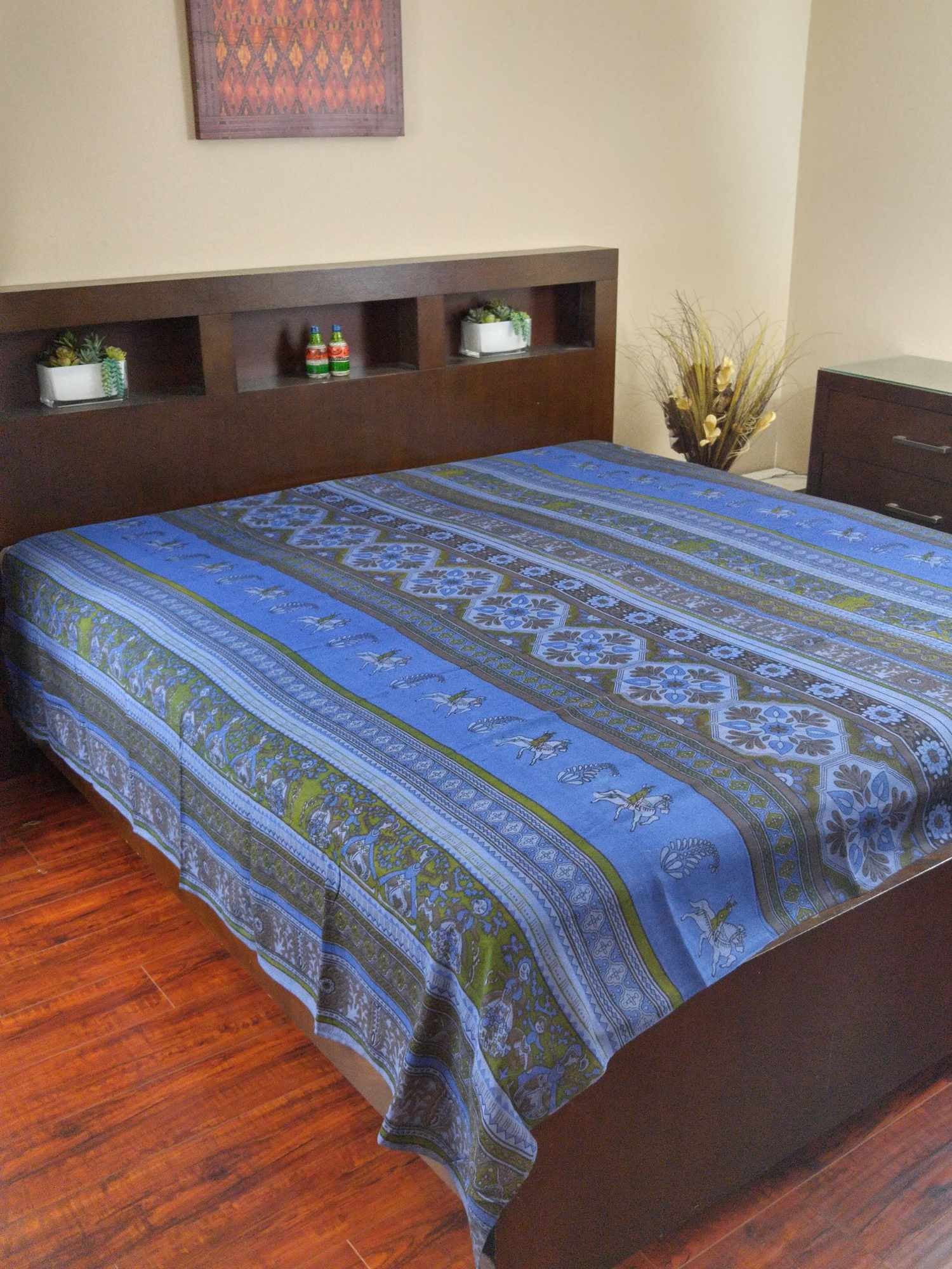 Cotton Kalamkari Tapestry Wall Hang Tablecloth Rectangle Green Blue Red - Sweet Us