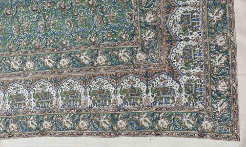 Handmade Cotton Kalamkari Floral Elephant Tapestry Coverlet Spread Queen Green - Sweet Us