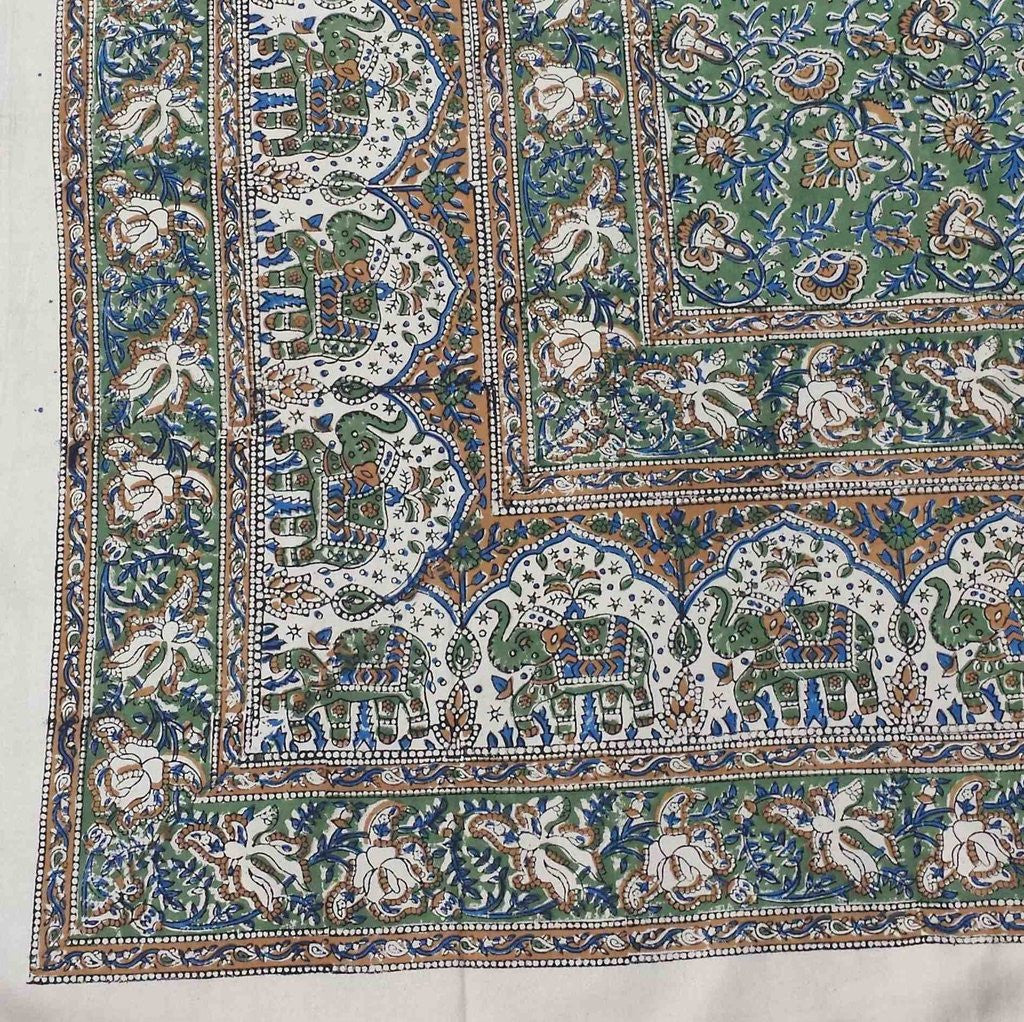 Handmade Cotton Kalamkari Floral Elephant Tapestry Coverlet Spread Queen Green - Sweet Us