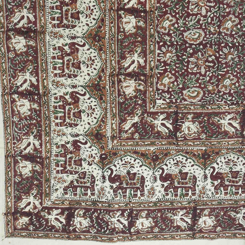 Handmade Cotton Kalamkari Floral Elephant Tapestry Coverlet Queen Earthy Red - Sweet Us