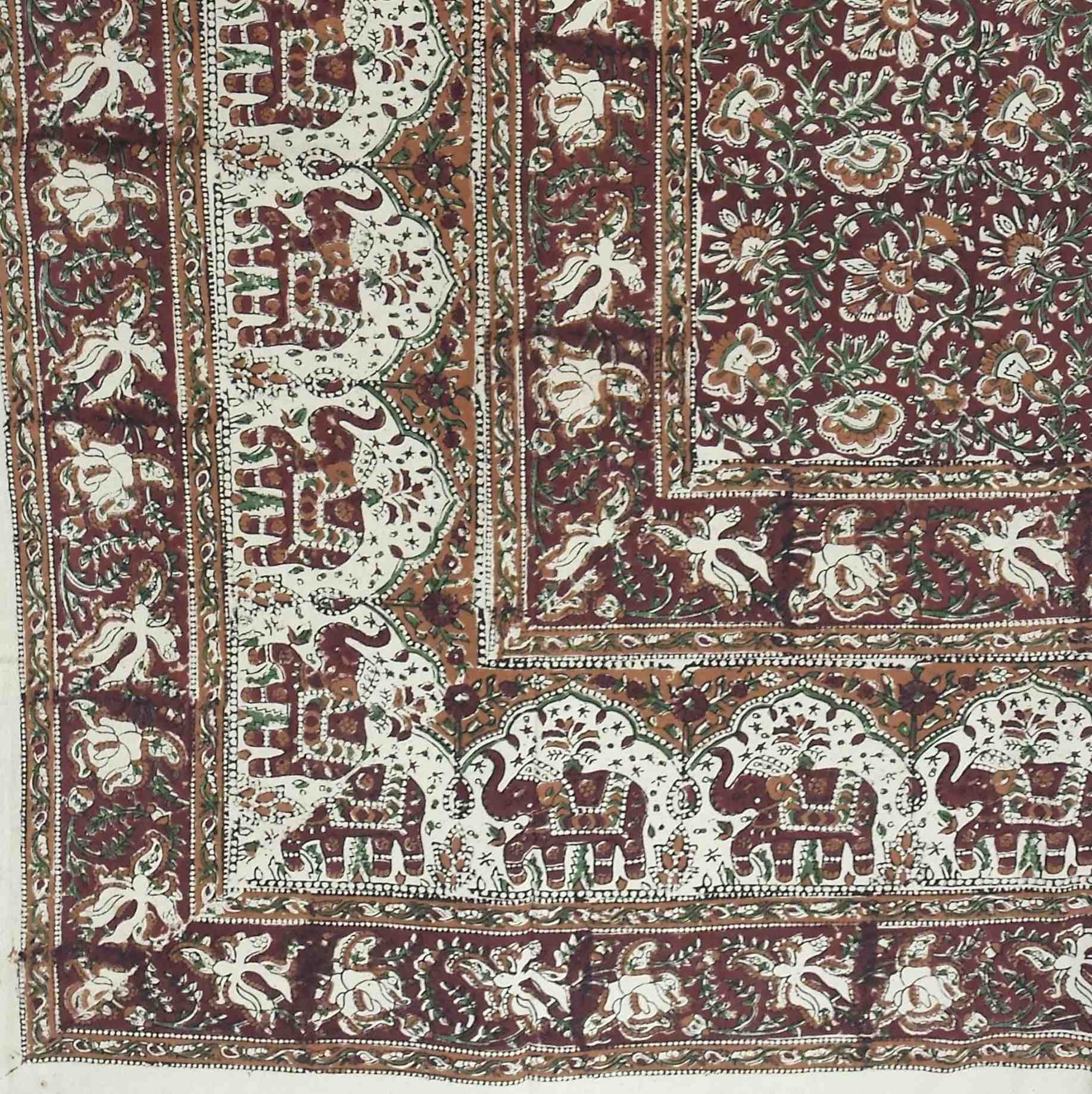 Handmade Cotton Kalamkari Floral Elephant Tapestry Coverlet Queen Earthy Red - Sweet Us