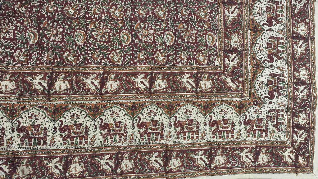 Handmade Cotton Kalamkari Floral Elephant Tapestry Coverlet Queen Earthy Red - Sweet Us
