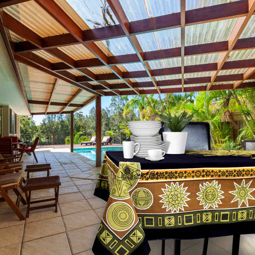 Sun Goddess Cotton Tablecloth Rectangle Midnight Gold Dining Linen