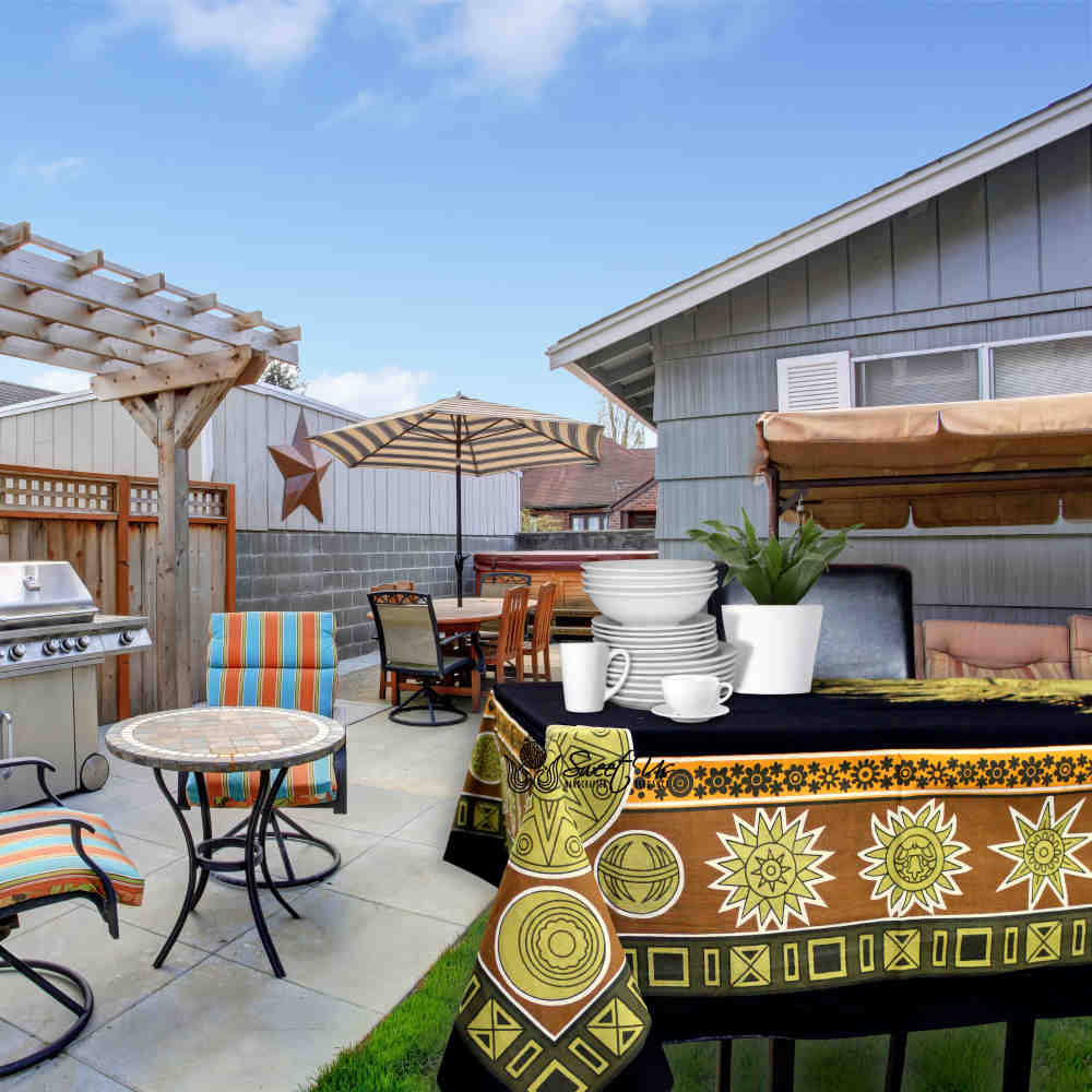 Sun Goddess Cotton Tablecloth Rectangle Midnight Gold Dining Linen