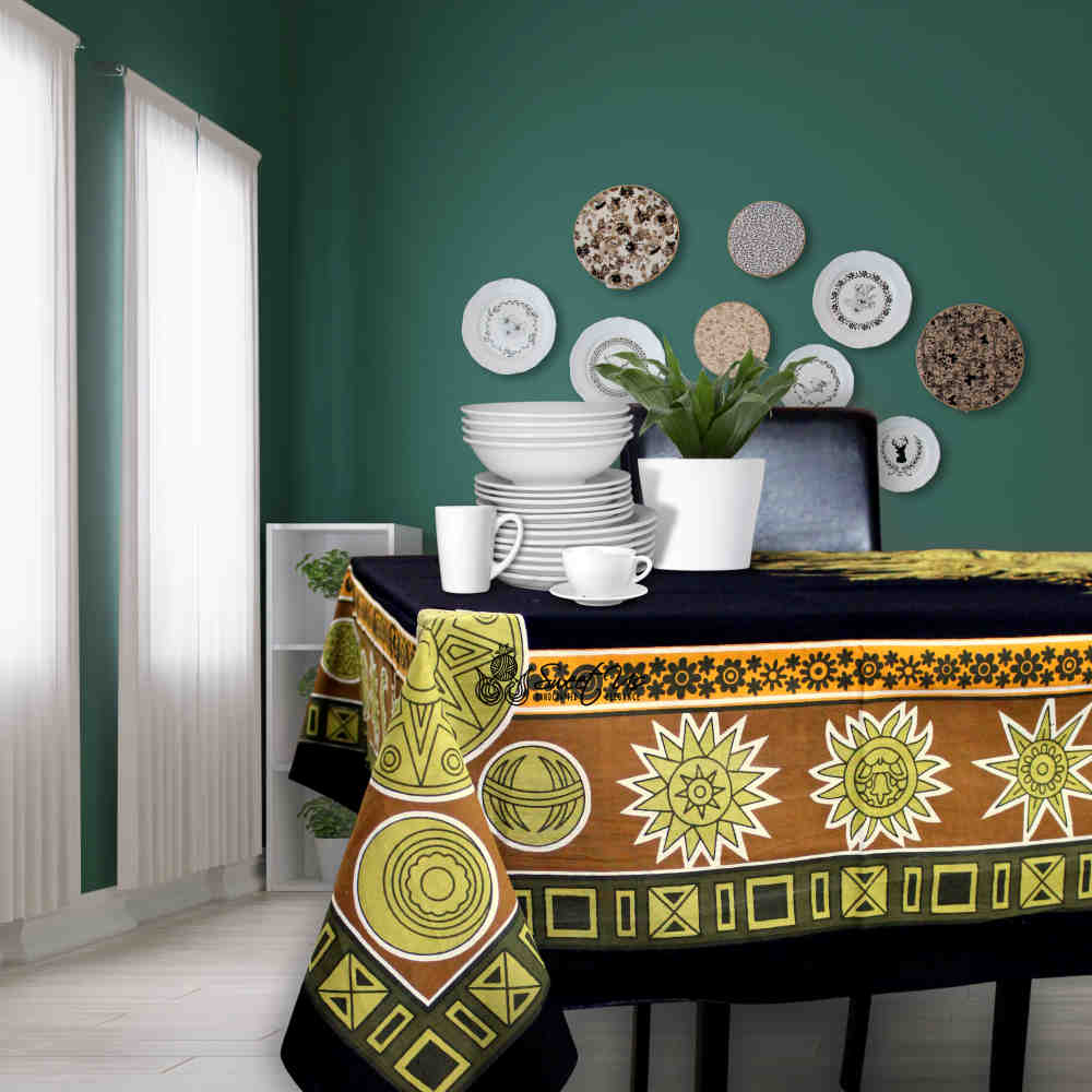 Sun Goddess Cotton Tablecloth Rectangle Midnight Gold Dining Linen