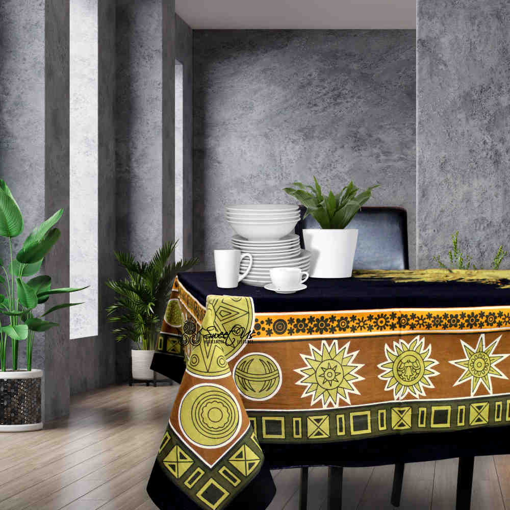 Sun Goddess Cotton Tablecloth Rectangle Midnight Gold Dining Linen