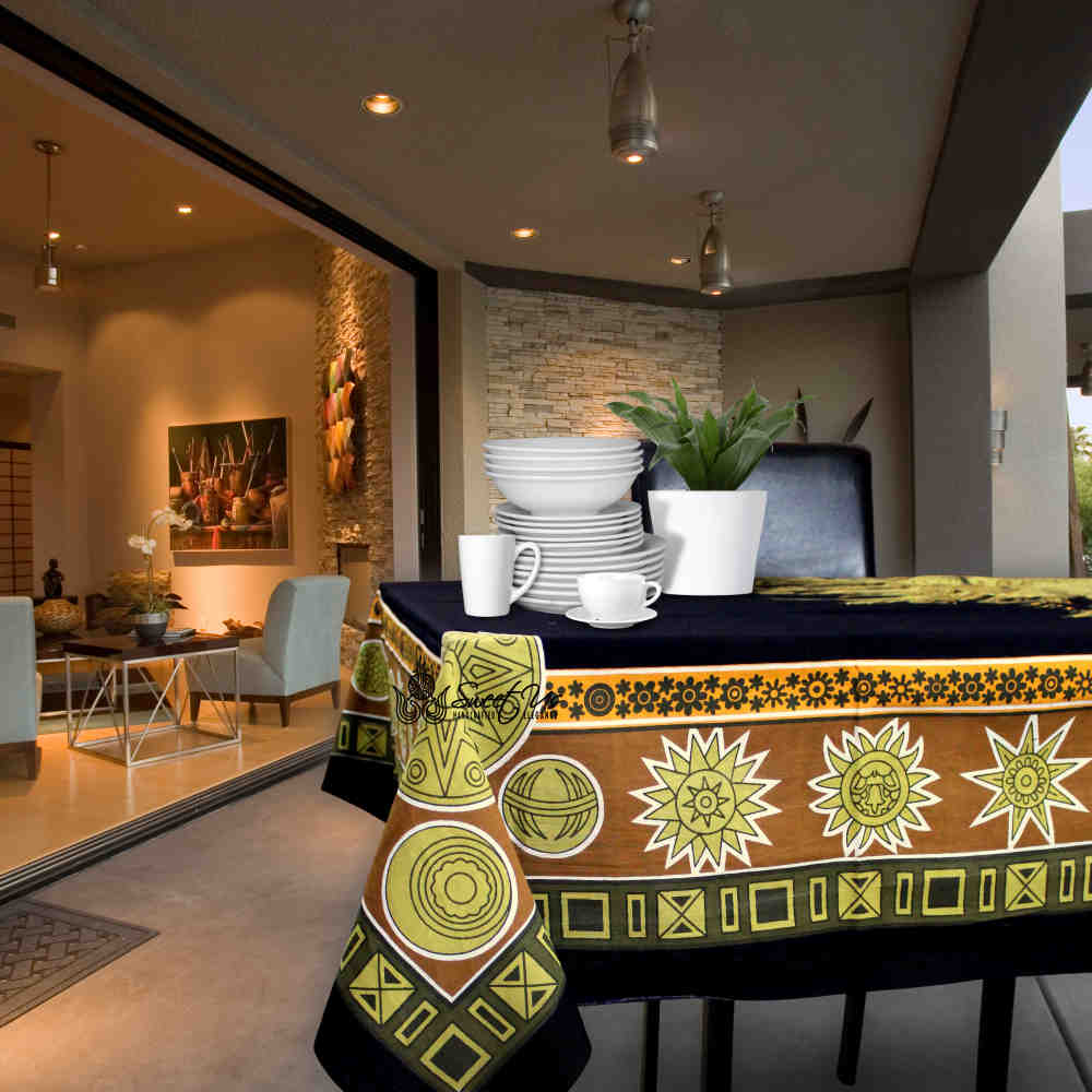 Sun Goddess Cotton Tablecloth Rectangle Midnight Gold Dining Linen