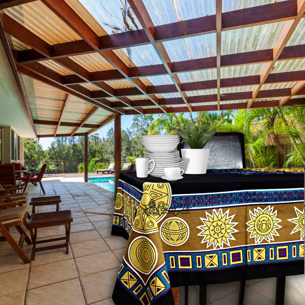 Golden Moon Cotton Tablecloth Rectangle Cosmic Blue Dining Linen