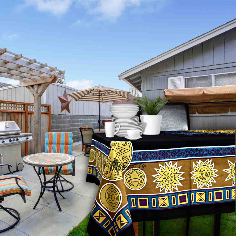 Golden Moon Cotton Tablecloth Rectangle Cosmic Blue Dining Linen