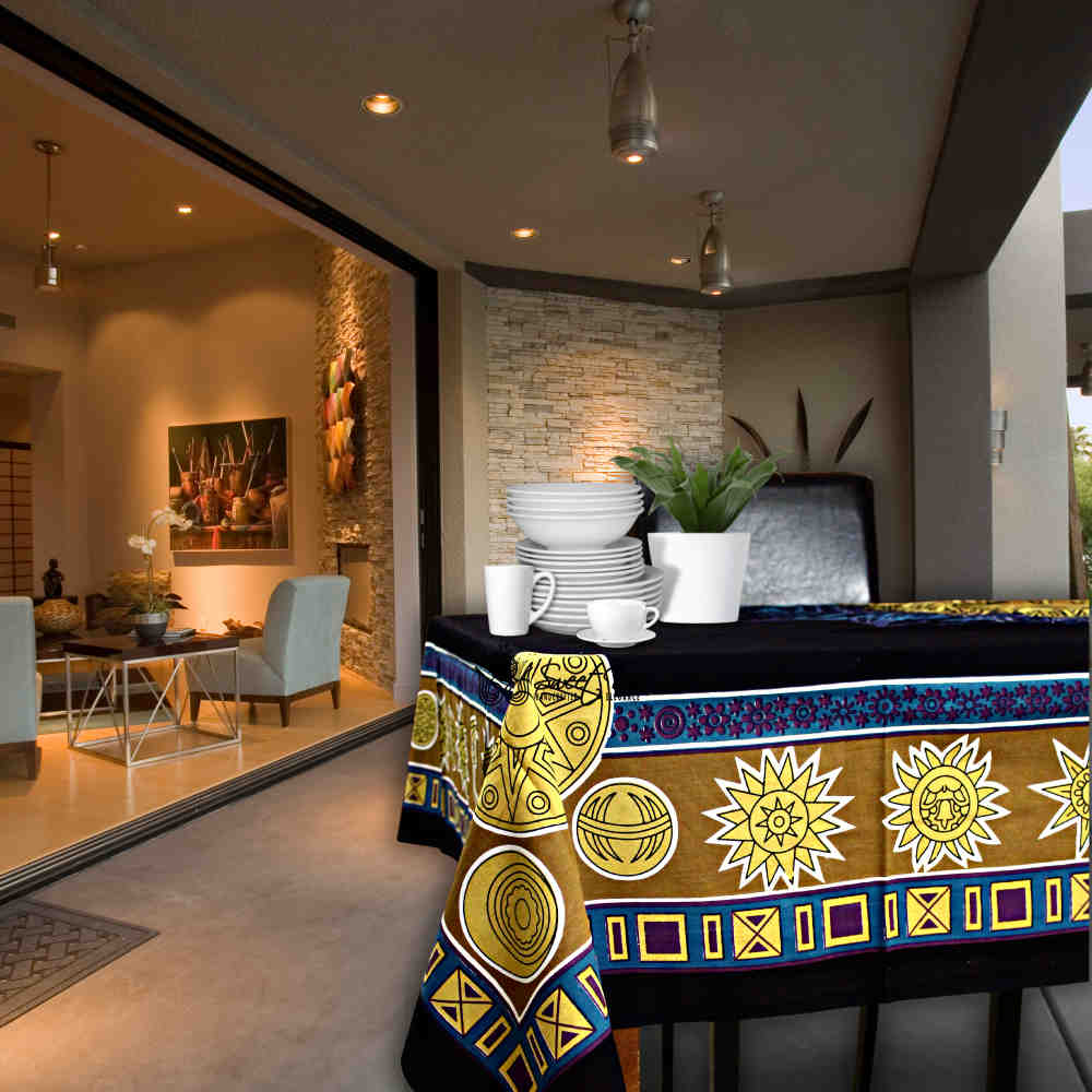 Golden Moon Cotton Tablecloth Rectangle Cosmic Blue Dining Linen