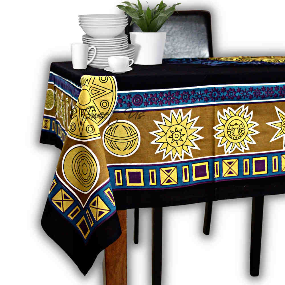 Golden Moon Cotton Tablecloth Rectangle Cosmic Blue Dining Linen