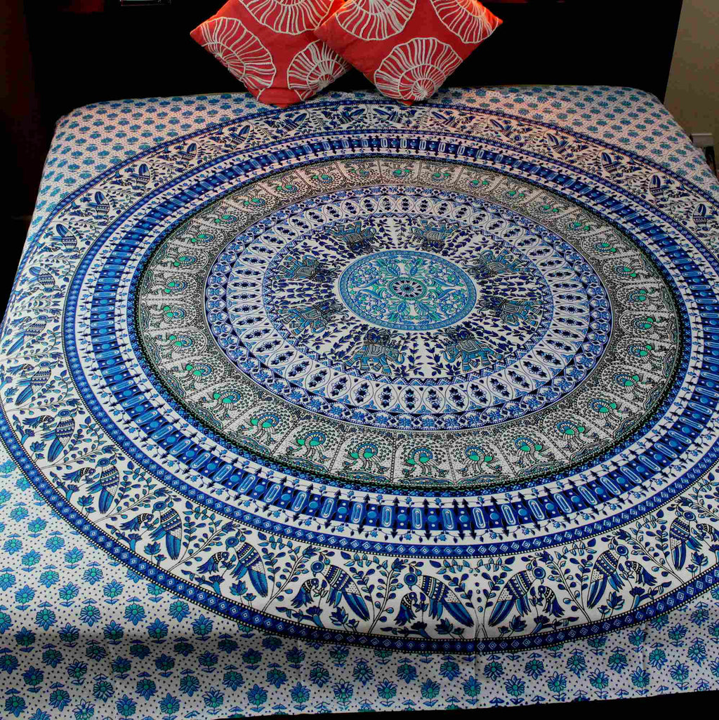 Elephant Mandala Tapestry Cotton Tablecloth Bedspread Beach Sheet Twin Full Blue - Sweet Us