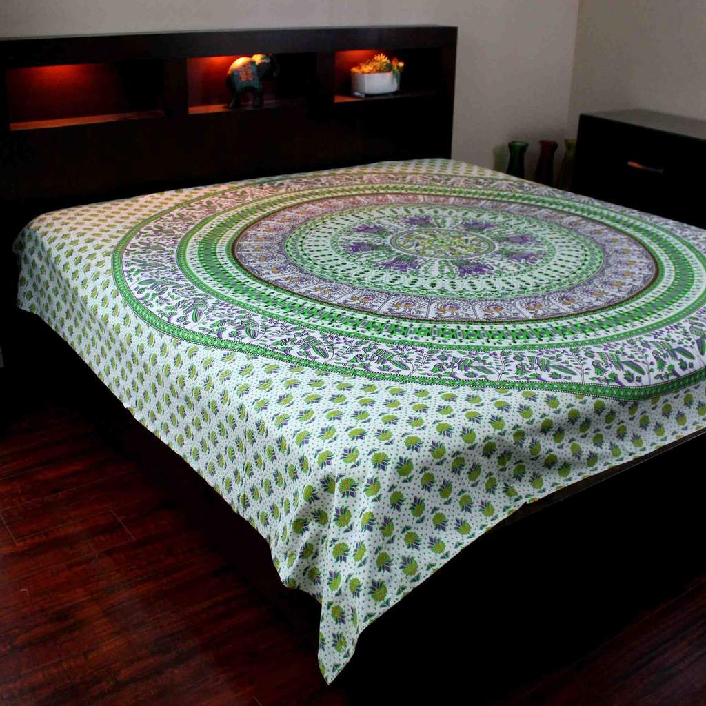 Elephant Mandala Cotton Tablecloth Rectangle Bed Sheet Full Blue Green Red