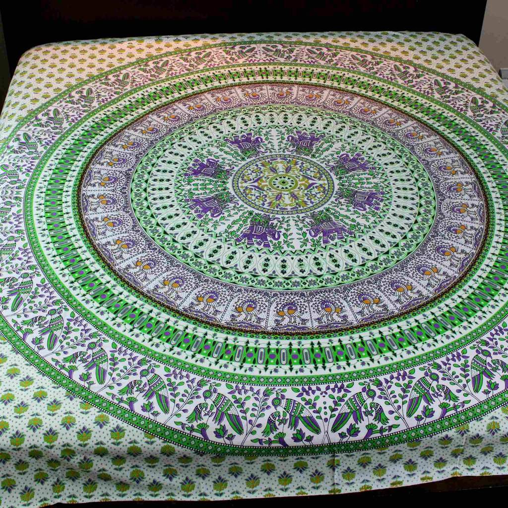 Elephant Mandala Cotton Tablecloth Rectangle Bed Sheet Full Blue Green Red