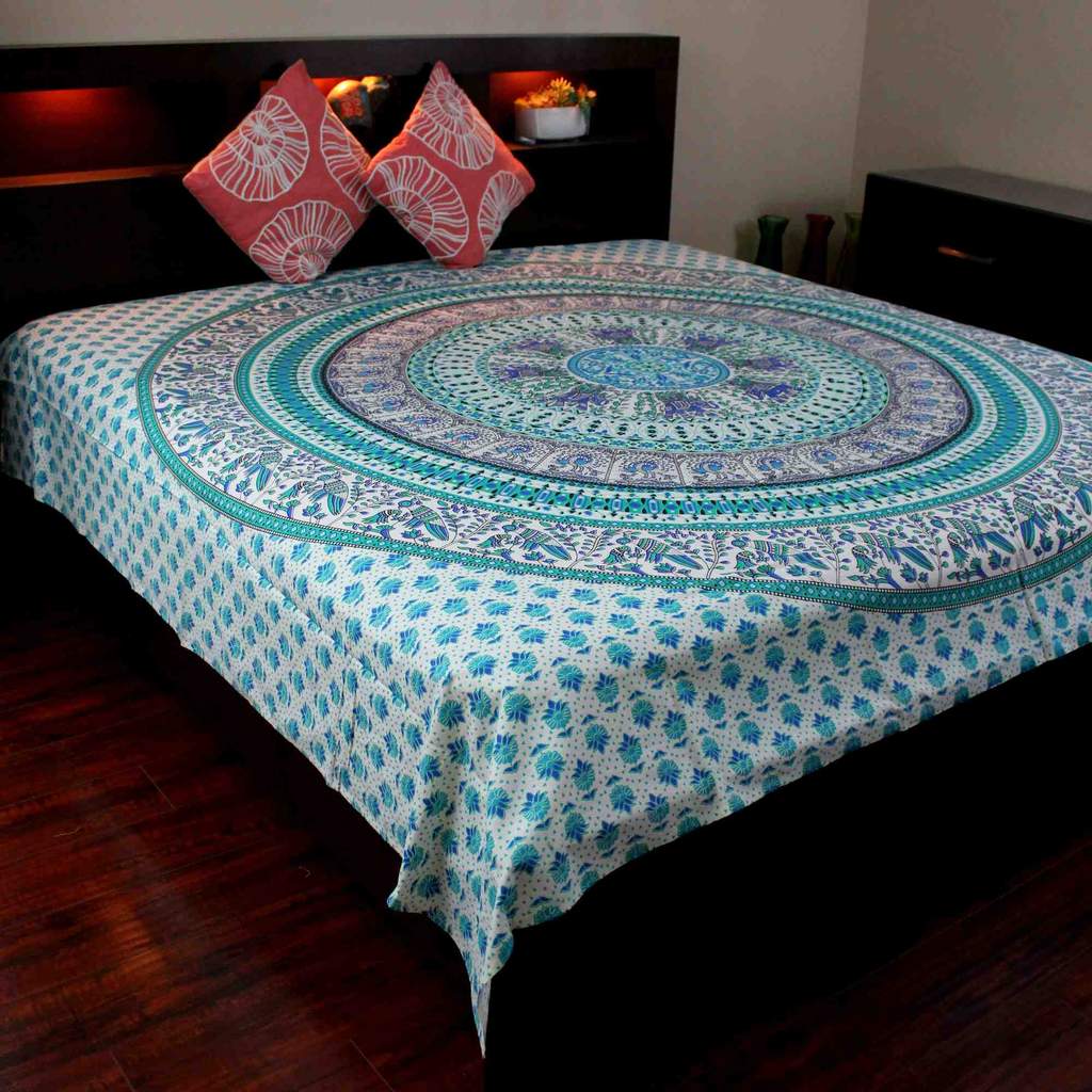 Elephant Mandala Cotton Tablecloth Rectangle Bed Sheet Full Blue Green Red