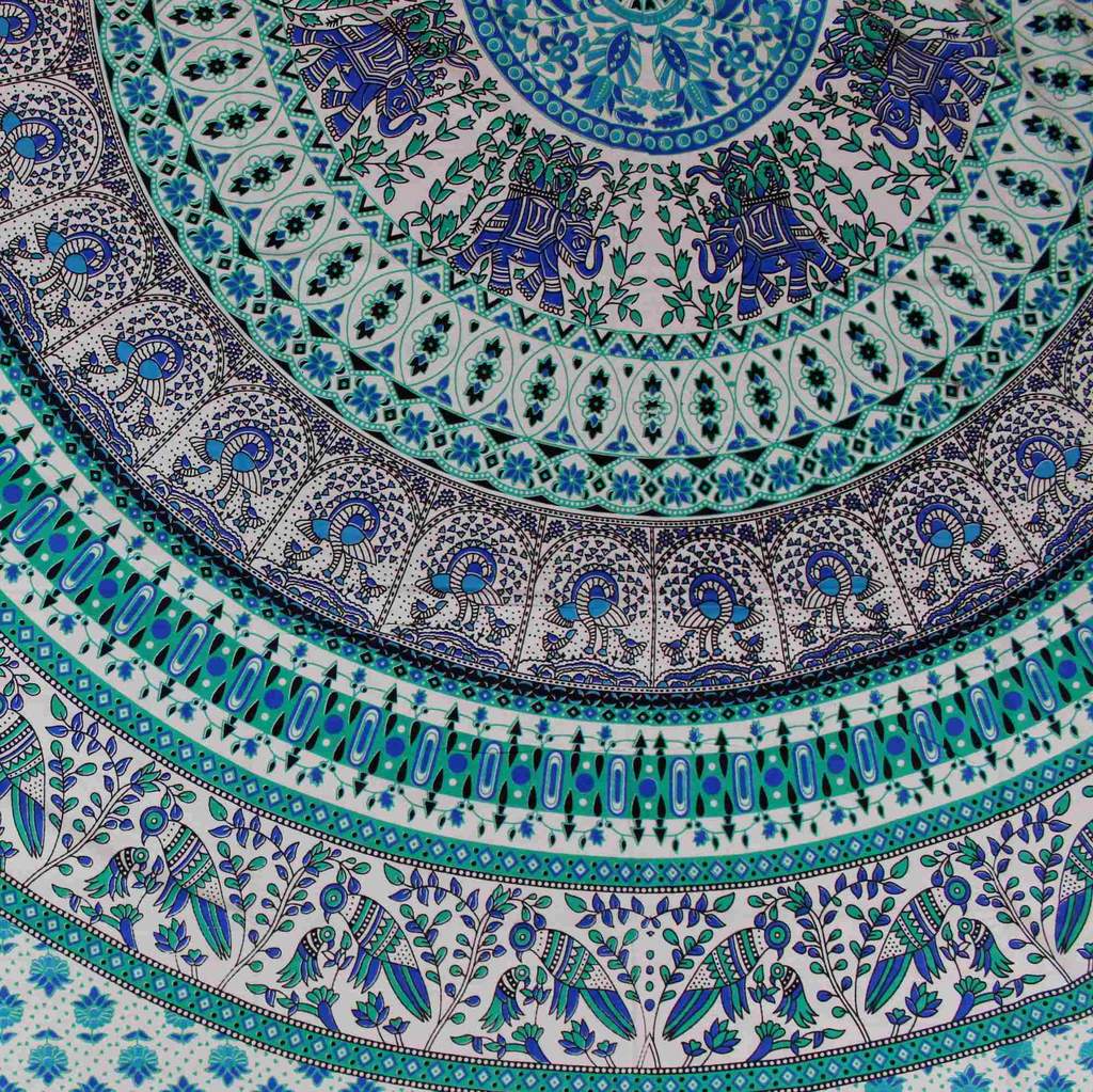Elephant Mandala Cotton Tablecloth Rectangle Bed Sheet Full Blue Green Red