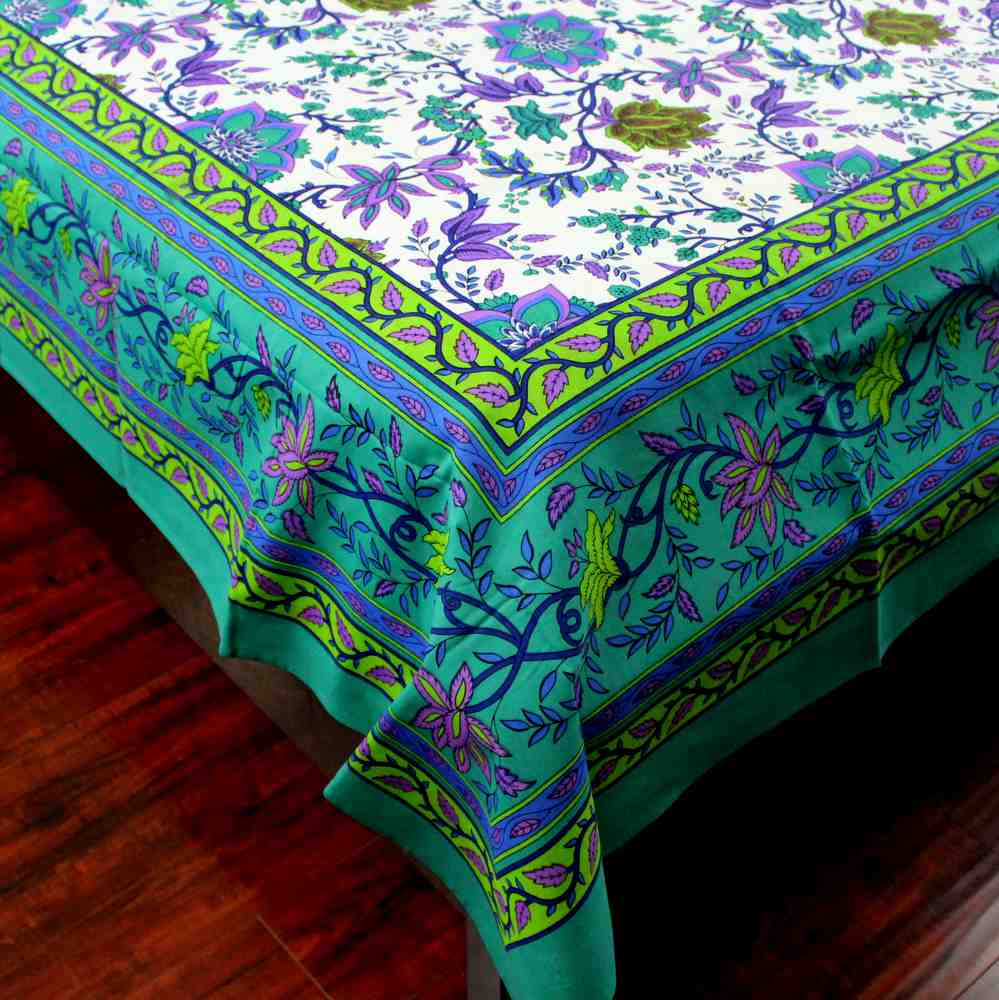 Cotton Floral Tablecloth Rectangle 64x90 Thin Bedspread Blue Green Aquamarine - Sweet Us