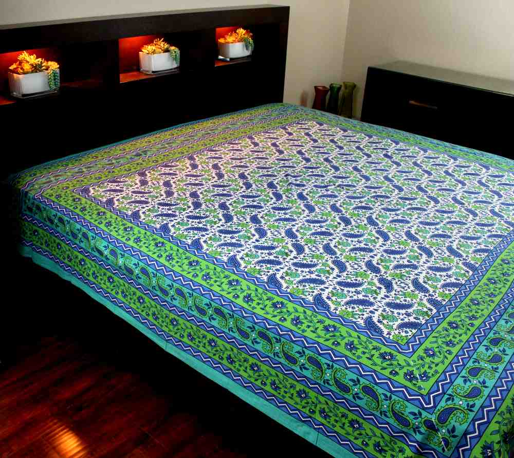 Cotton Floral Paisley Tapestry Tablecloth Coverlet Bedspread Full Aqua Green - Sweet Us