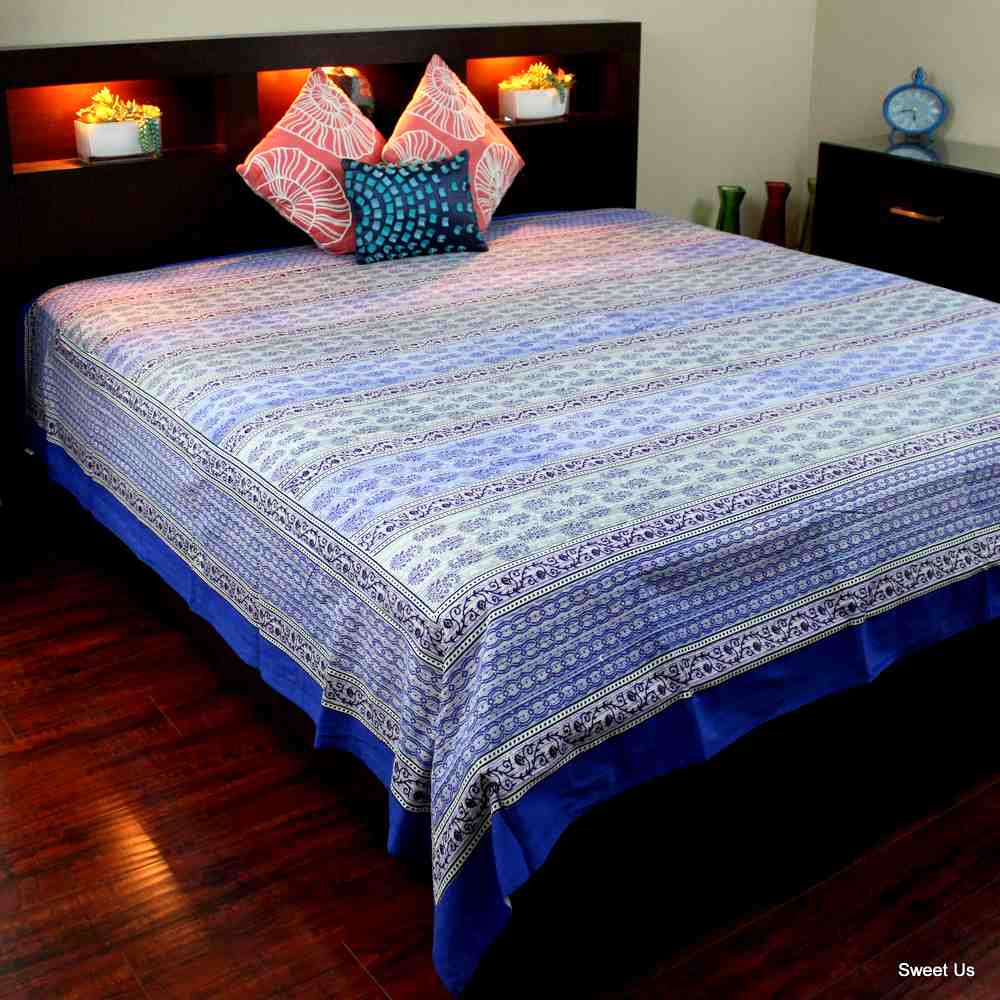 Cotton Floral Tablecloth Rectangle Blue