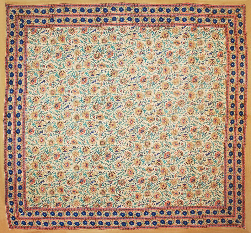 Handmade 100% Cotton Floral Print Tablecloth Tapestry Bedspread 84x94 Tan - Sweet Us