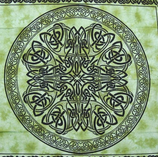 Handmade Cotton Heavy Celtic Wheel Mandala Batik Tapestry Spread 84x96 Green - Sweet Us