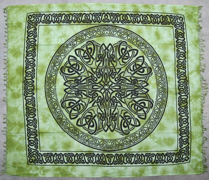 Handmade Cotton Heavy Celtic Wheel Mandala Batik Tapestry Spread 84x96 Green - Sweet Us