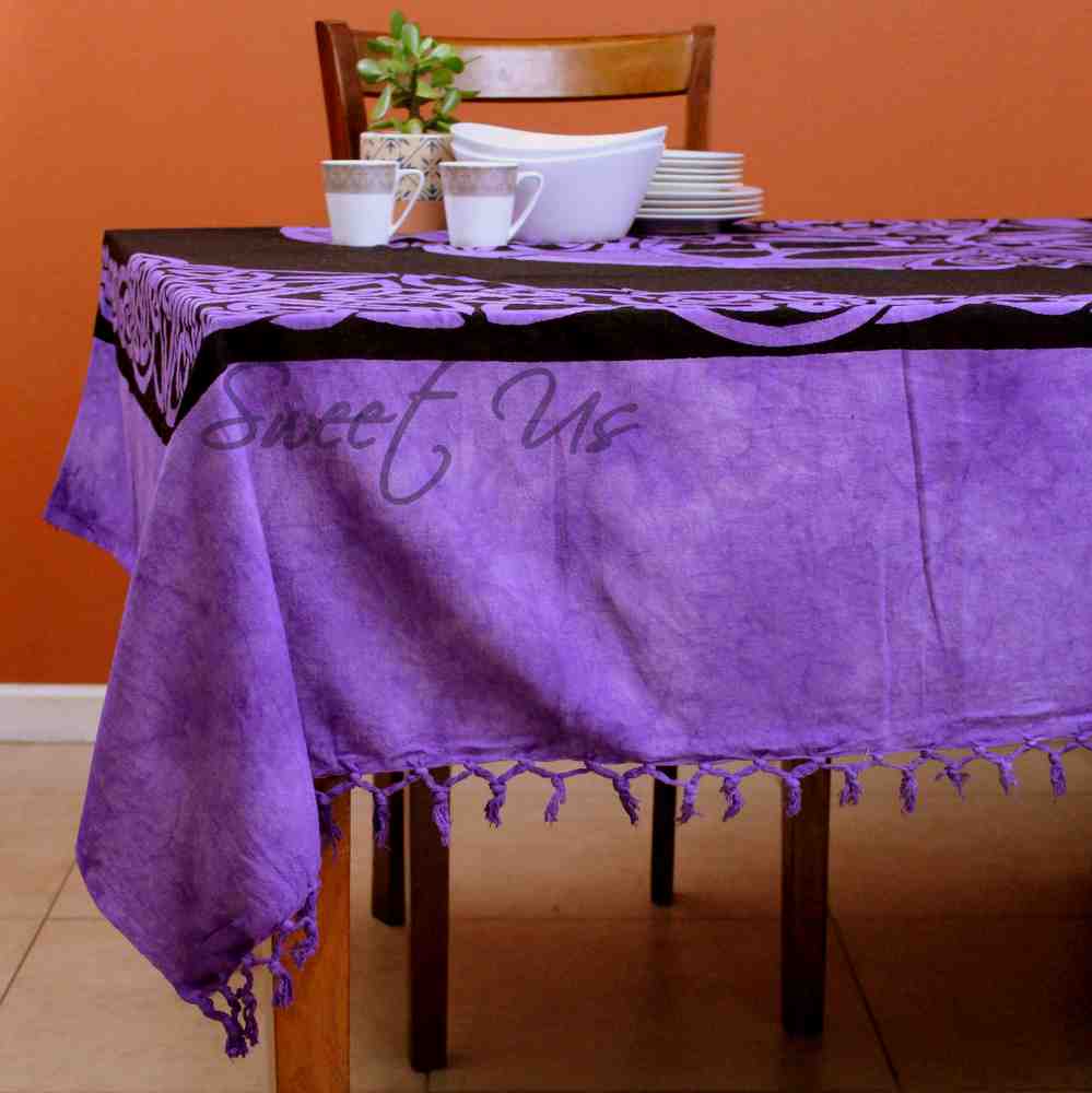 Heavy Cotton Celtic Wheel Tablecloth with Fringes Purple Black