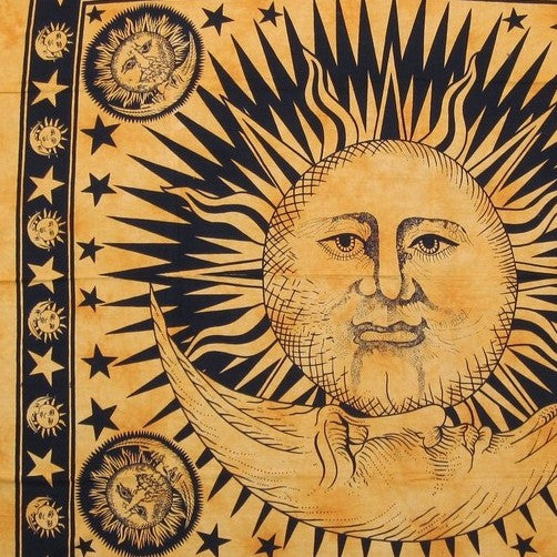Handmade Cotton Heavy Celestial Mandala Sun Moon Star Tapestry Spread 84x96 Gold - Sweet Us