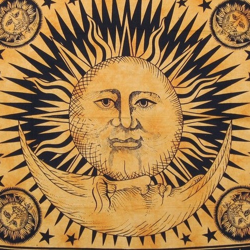 Handmade Cotton Heavy Celestial Mandala Sun Moon Star Tapestry Spread 84x96 Gold - Sweet Us