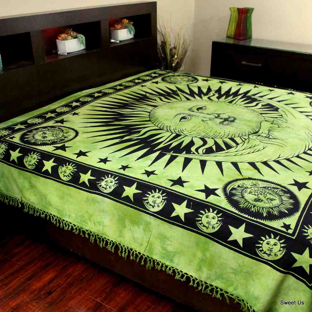 Heavy Cotton Celestial Sun Moon Star Bedspread Bed sheet Full Green