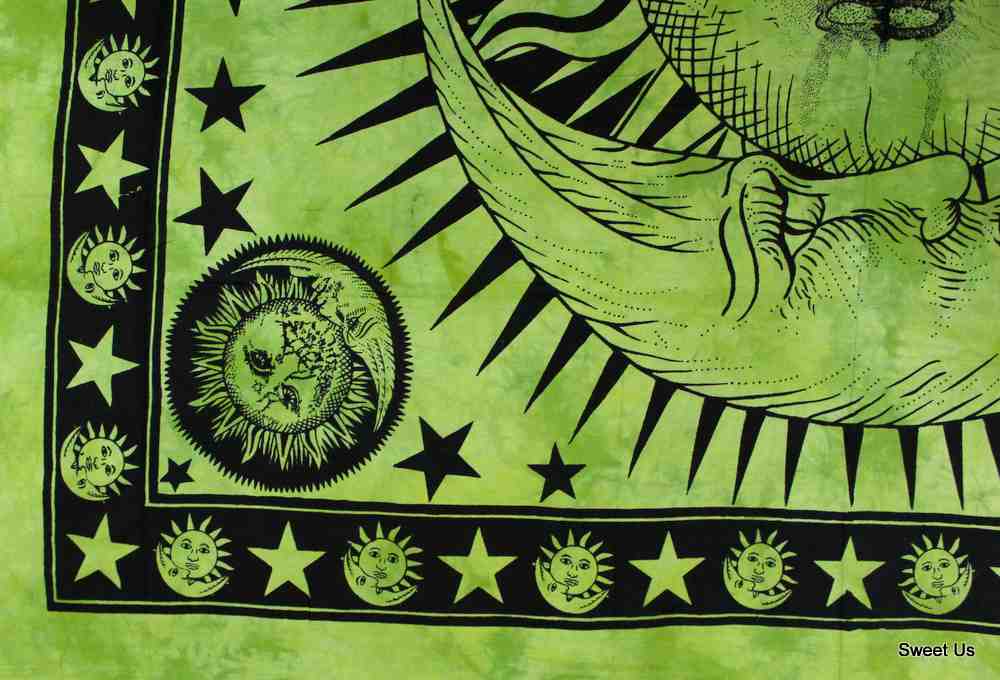 Heavy Cotton Celestial Sun Moon Star Bedspread Bed sheet Full Green