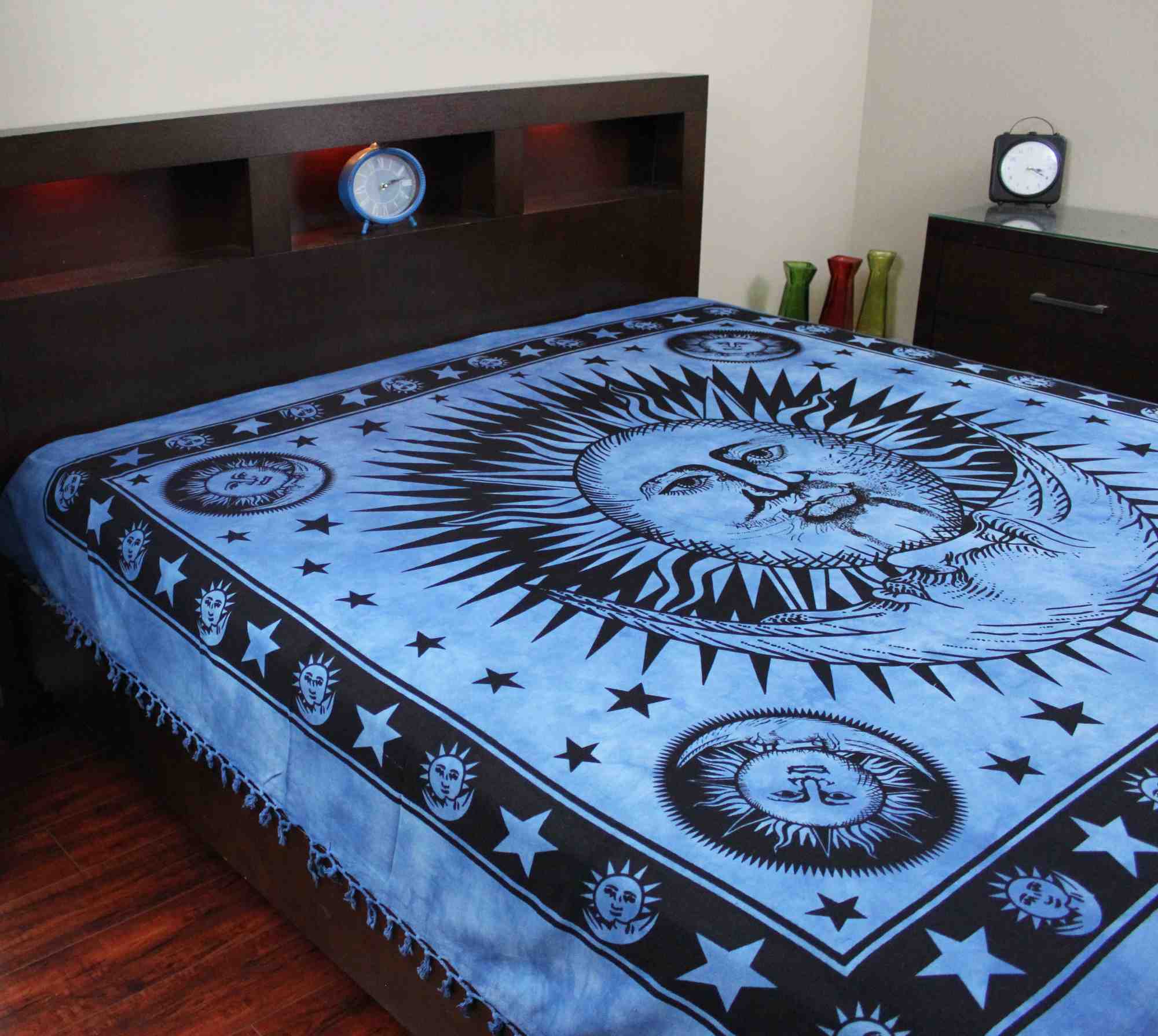 Handmade Cotton Heavy Celestial Mandala Sun Moon Star Tapestry Spread 84x96 Blue - Sweet Us