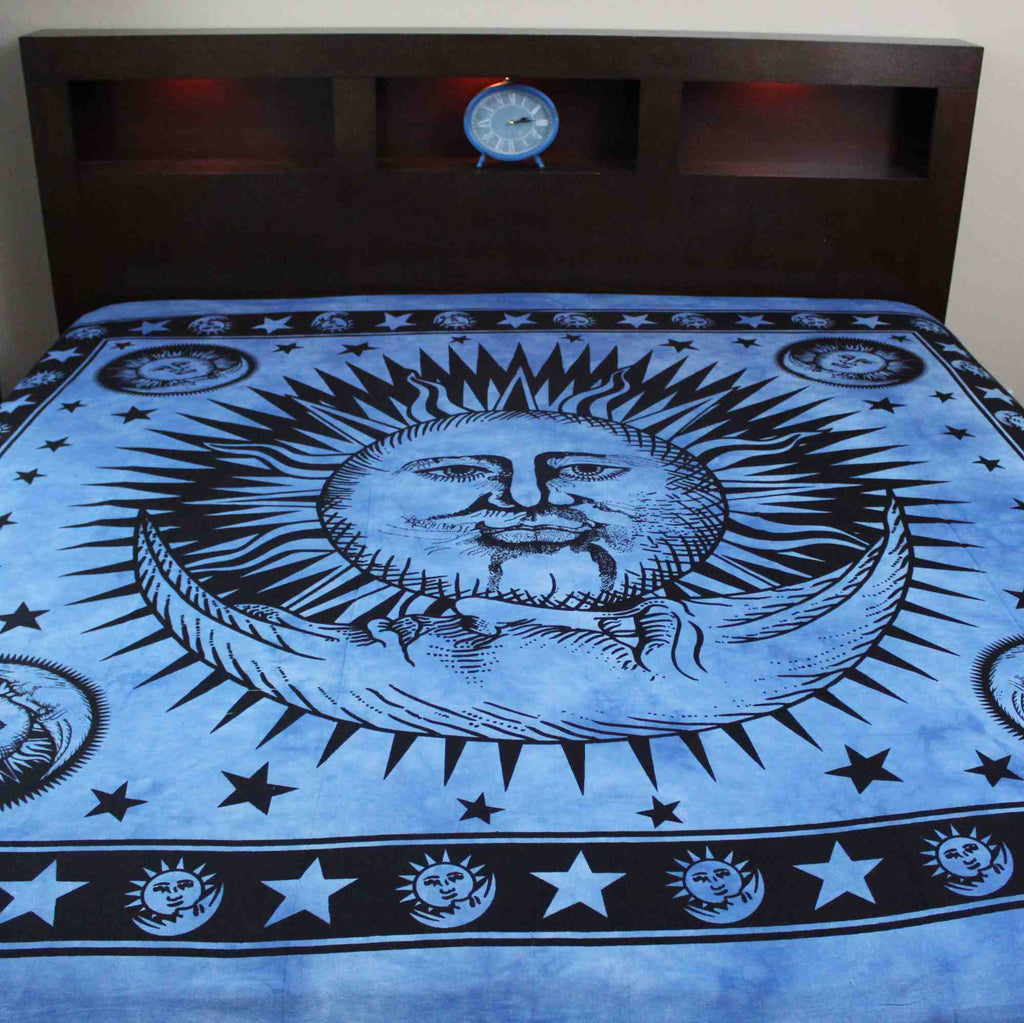 Handmade Cotton Heavy Celestial Mandala Sun Moon Star Tapestry Spread 84x96 Blue - Sweet Us