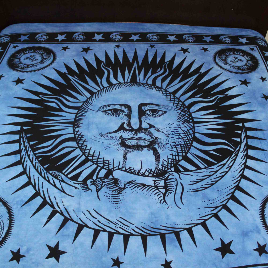 Handmade Cotton Heavy Celestial Mandala Sun Moon Star Tapestry Spread 84x96 Blue - Sweet Us